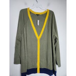 NWT Talbots Women Green w/Mustard Yellow Trim Cotton "Boyfriend" Cardigan sz 3X